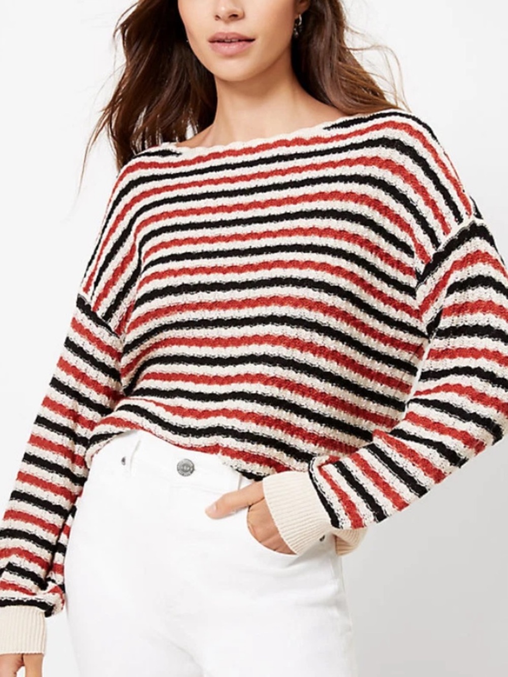 LOFT Textured Striped Boatneck Scalloped Sweater